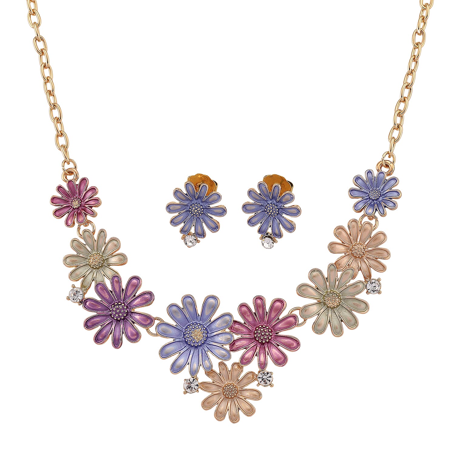 Austrian Crystal, Multi Color Enameled Floral Necklace (20.5-22.5 Inches) and Earrings in Goldtone