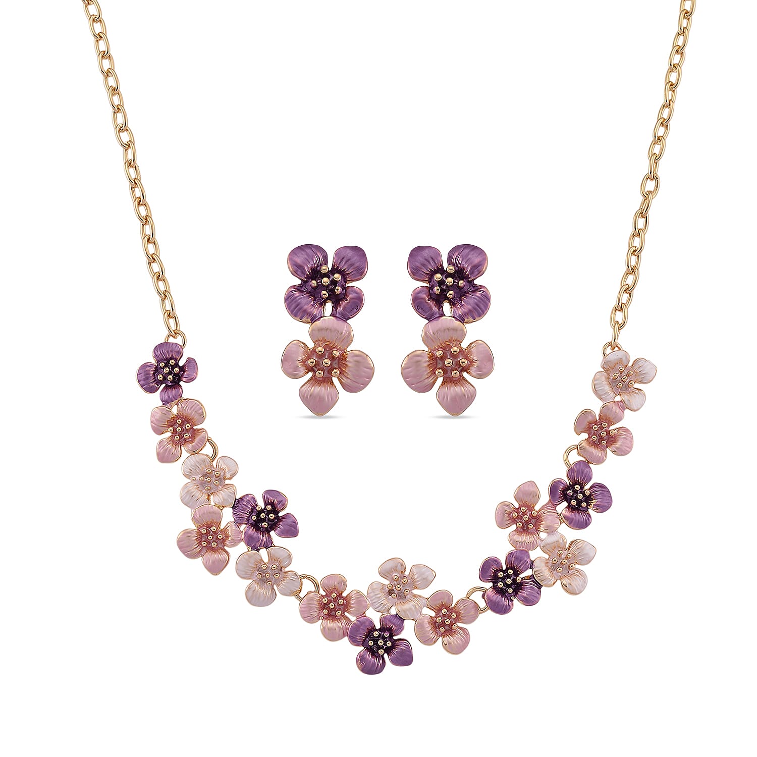 Ankur's Treasure Chest Deal Multi Color Enameled Dark Cherry Blossom Necklace (20.5-22.5 Inches) and Earrings in Goldtone