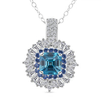 D'Joy Asscher Cut Cambodian Blue Zircon, Multi Gemstone Pendant Necklace (20 Inches) in Rhodium Over Sterling Silver 4.50 ctw