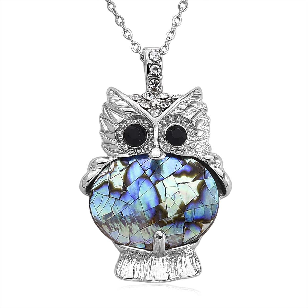 Abalone Shell, Black and White Austrian Crystal Owl Pendant in Silvertone with Stainless Steel Necklace 20-22 Inches