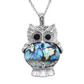 Abalone Shell, Black and White Austrian Crystal Owl Pendant in Silvertone with Stainless Steel Necklace 20-22 Inches - Sticky add to cart bar