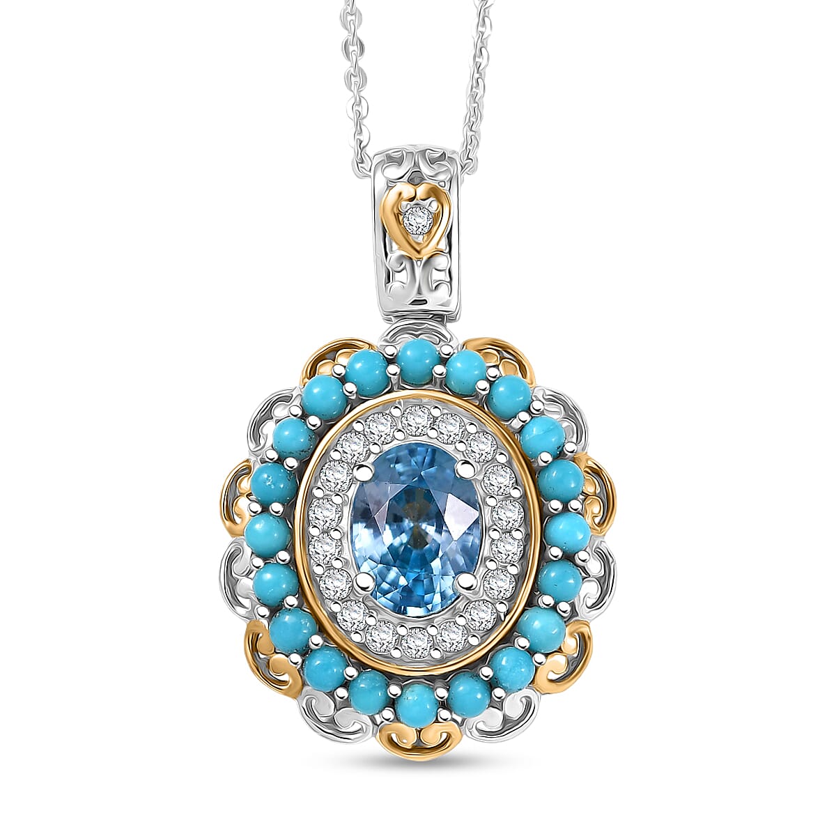 D'Joy AAA Cambodian Blue Zircon, Multi Gemstone Pendant Necklace in 18K Vermeil YG and Rhodium Over Sterling Silver 3.10 ctw (20 Inches)
