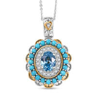 D'Joy AAA Cambodian Blue Zircon, Multi Gemstone Pendant Necklace in 18K Vermeil YG and Rhodium Over Sterling Silver 3.10 ctw (20 Inches)