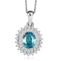 D'Joy AAA Cambodian Blue Zircon, Moissanite Pendant Necklace in Rhodium Over Sterling Silver 2.90 ctw (20 Inches)