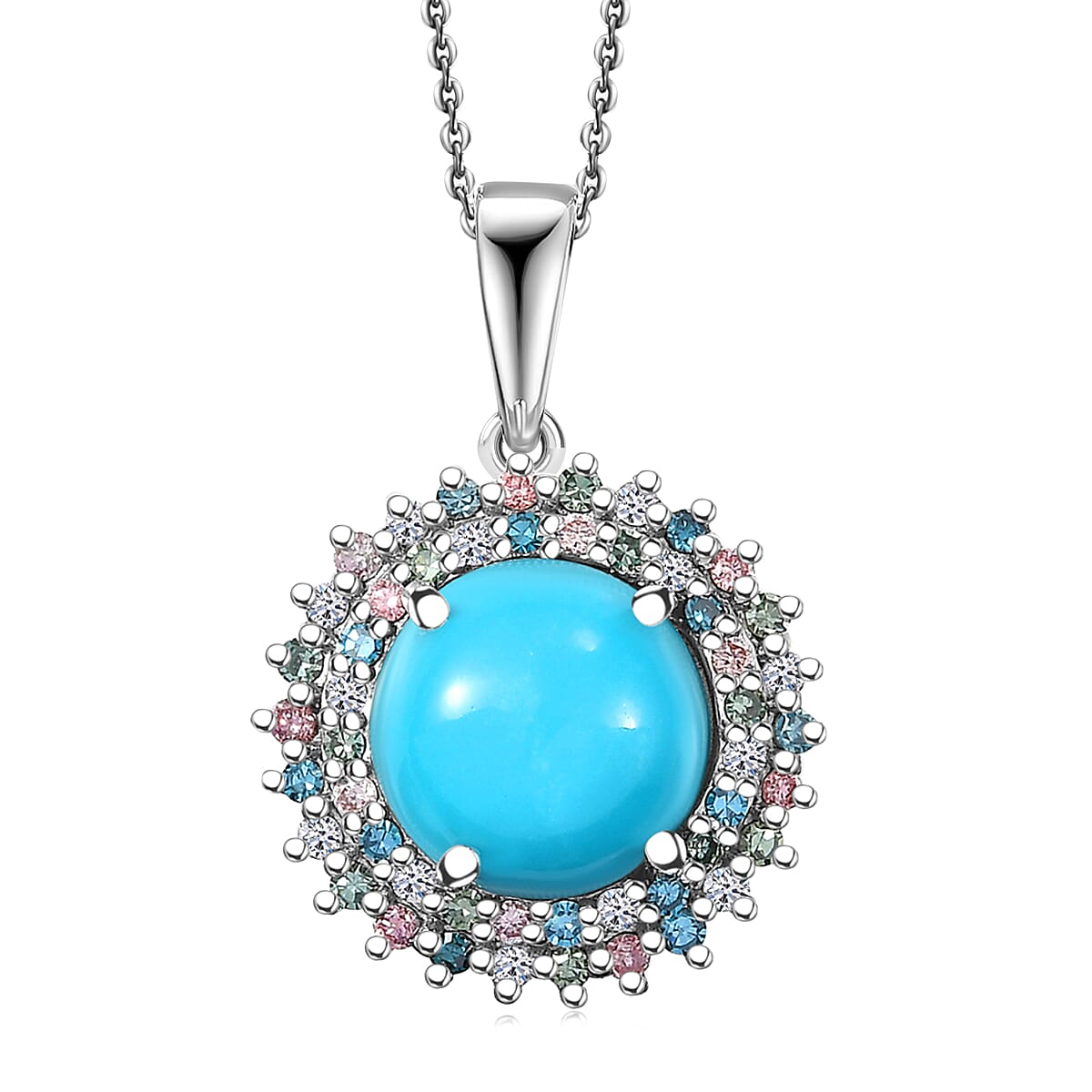 AAA Sleeping Beauty Turquoise, Lab Grown Multi Diamond Pendant Necklace in Rhodium Over Sterling Silver 3.10 ctw (20 Inches) (Del. in 12-15 Days)