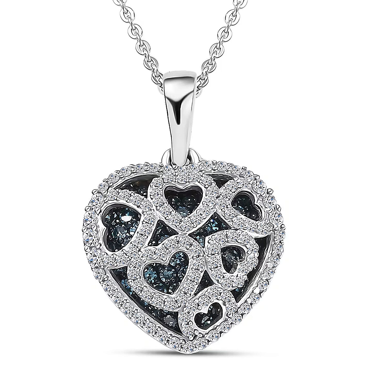 Luxuriant Lab Grown Blue Diamond and Lab Grown White Diamond SI 1.00 ctw Matrix Heart Pendant Necklace in Rhodium Over Sterling Silver 20 Inches