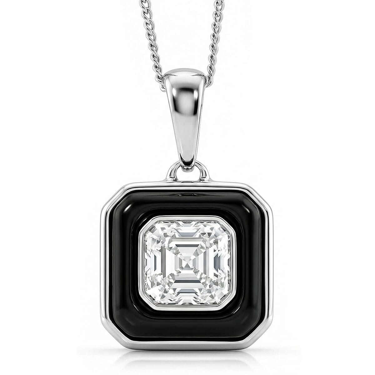 D'Joy Asscher Cut Moissanite and Black Jade (D) 3.35 ctw Midnight Spark Pendant Necklace in Rhodium Over Sterling Silver 18 Inches