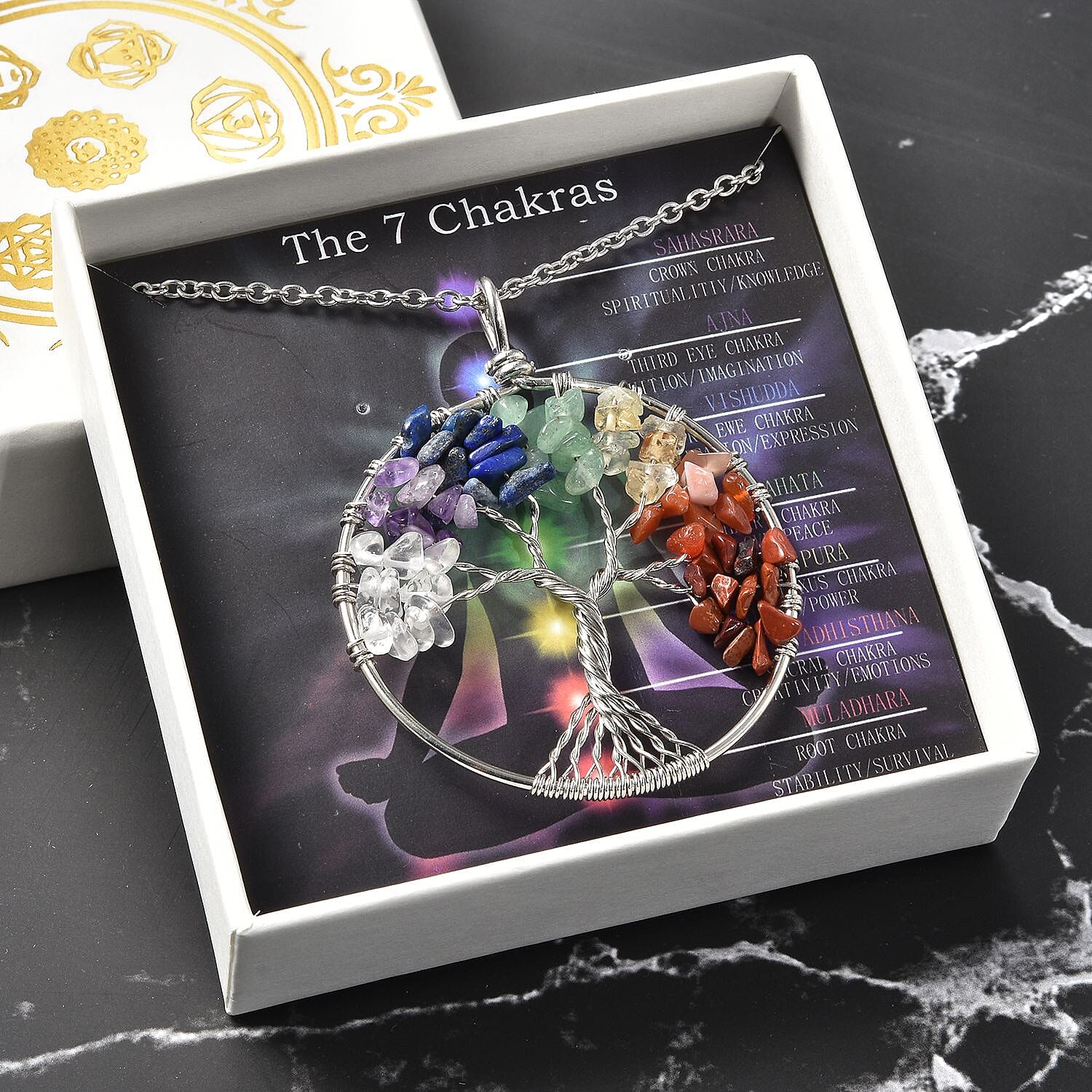 Tree of Life 7 Chakra Gift Set, Multi Gemstone Pendant Necklace 24 Inches in Silvertone and Stainless Steel 17.00 ctw