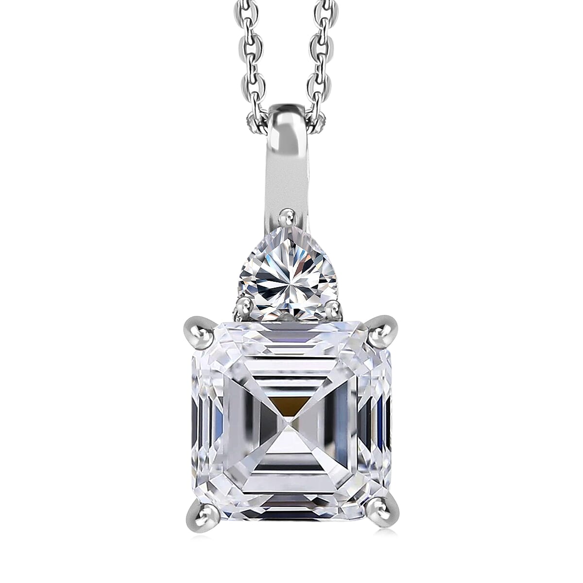 D'Joy Asscher Cut Moissanite 3.15 ctw Pendant Necklace in Rhodium Over Sterling Silver 20 Inches