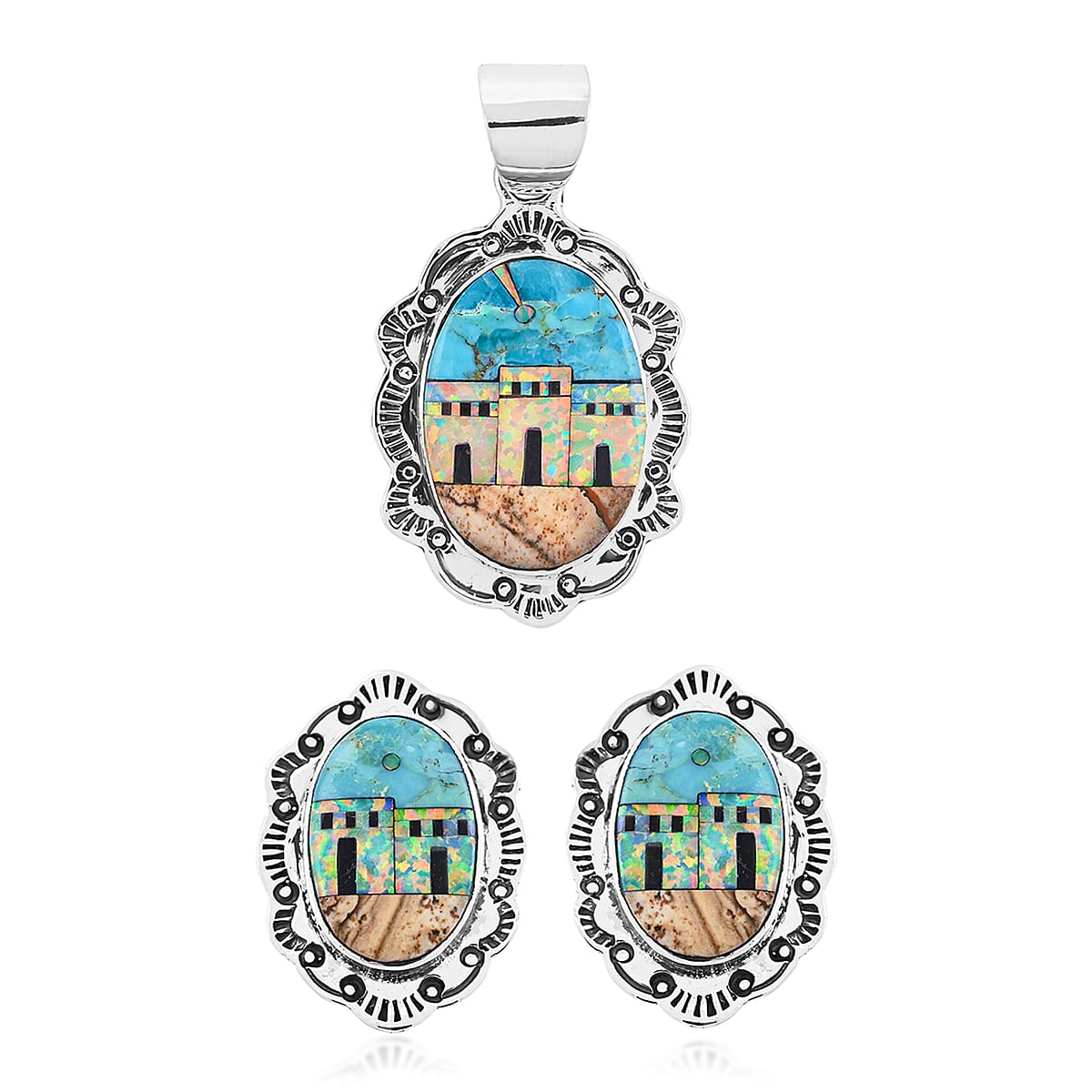 2 Piece Set - Santa Fe Style Multi Gemstone Pendant without Chain and Earrings in Sterling Silver