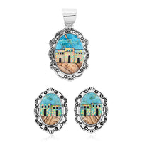 2 Piece Set - Santa Fe Style Multi Gemstone Pendant without Chain and Earrings in Sterling Silver