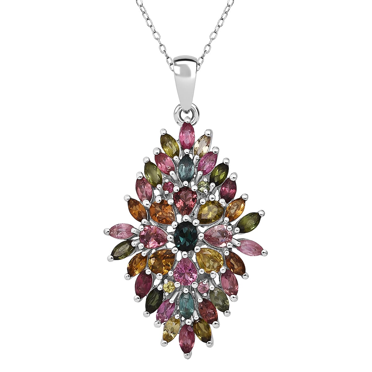 D'Joy Premium Multi Tourmaline 4.00 ctw Auroras Bloom Pendant Necklace in Rhodium Over Sterling Silver 20 Inches