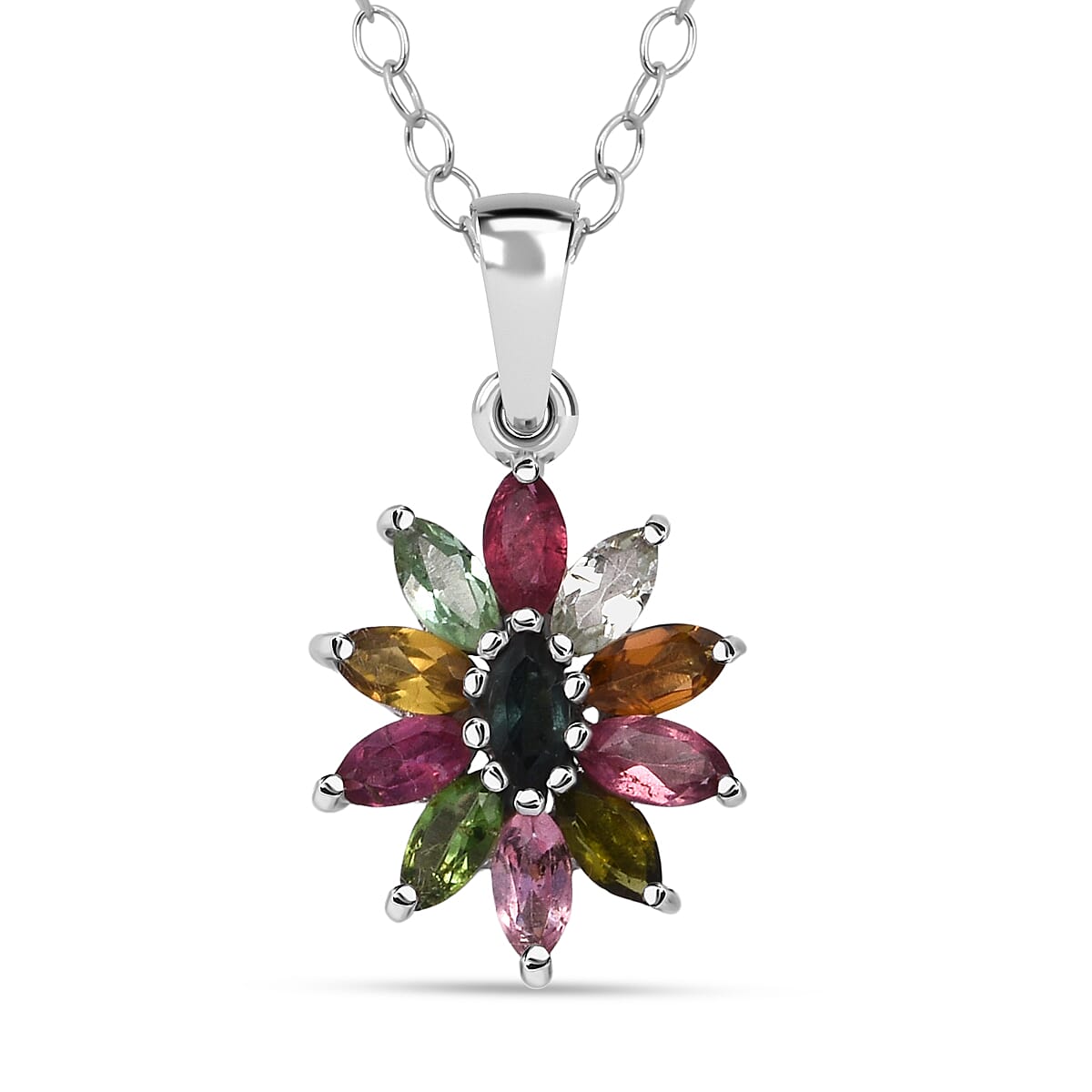 D'Joy Multi Tourmaline Pendant Necklace in Rhodium Over Sterling Silver 0.90 ctw (20 Inches)