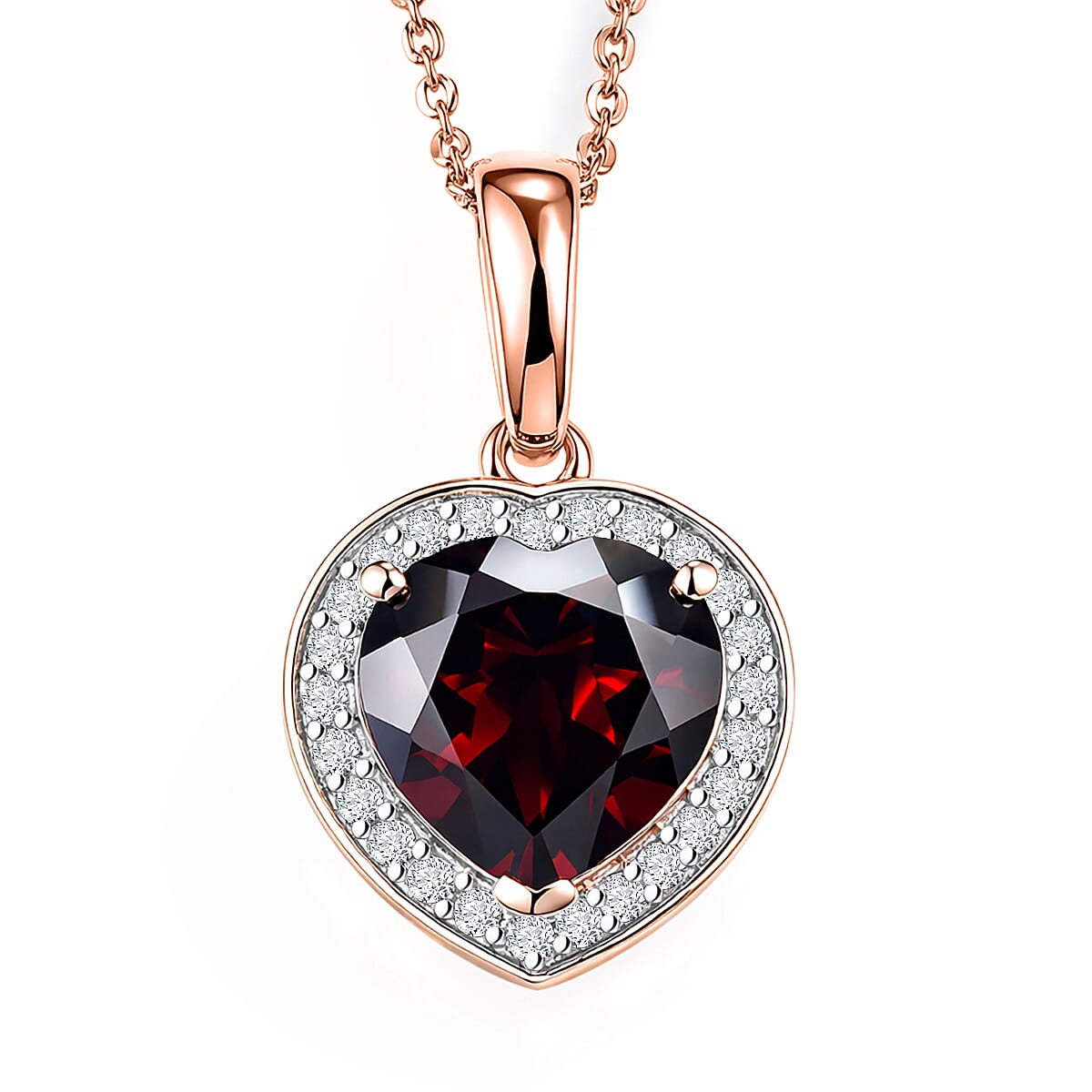 D'Joy Mozambique Garnet and Moissanite 4.00 ctw Heartfire Glow Pendant Necklace in 18K Vermeil Rose Gold Over Sterling Silver 20 Inches