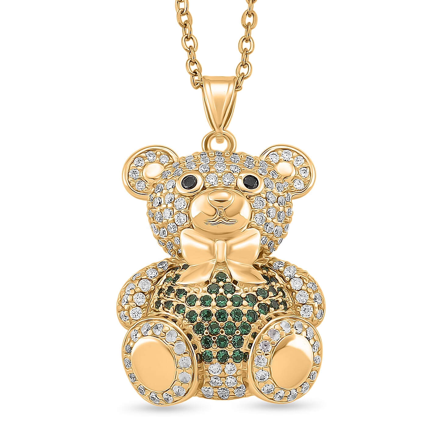 Simulated Multi Color Diamond Teddy Bear Pendant in Goldtone with Stainless Steel Necklace (20-22 Inches) 2.00 ctw