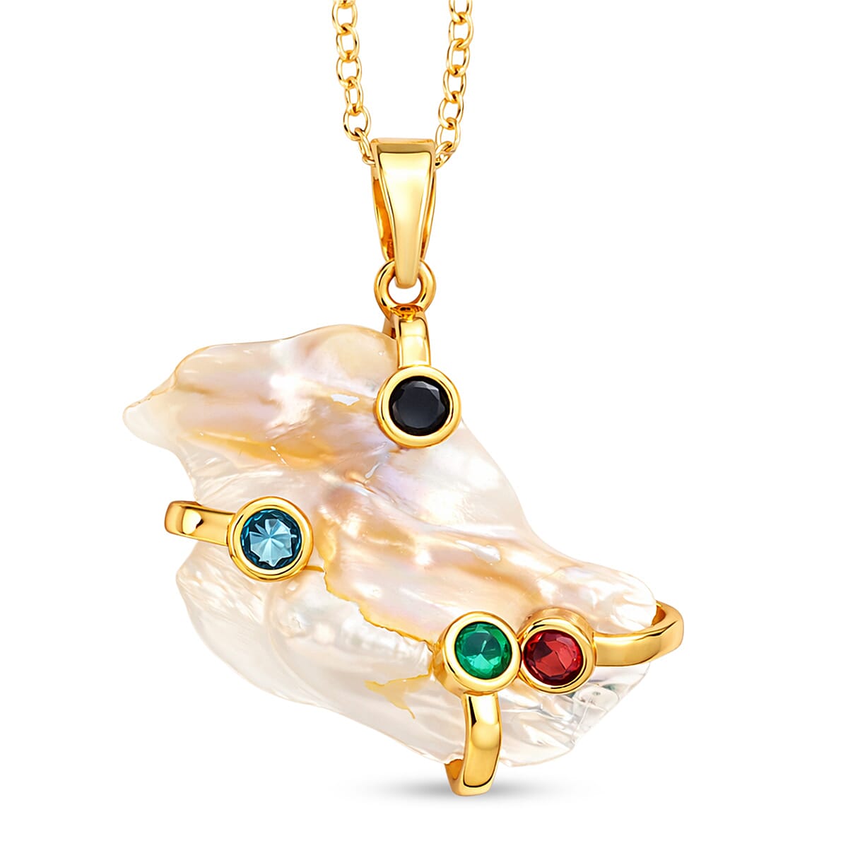 White Keshi Pearl, Simulated Multi Color Diamond Pendant Necklace (20 Inches) in Goldtone