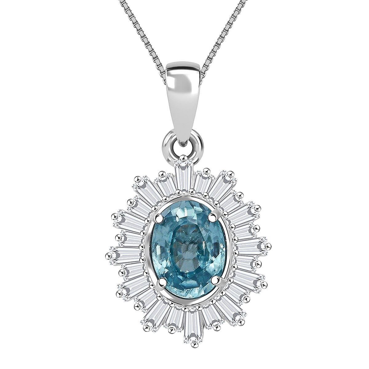 D'Joy Cambodian Blue Zircon, Moissanite Pendant Necklace in Rhodium Over Sterling Silver 2.70 ctw (18 Inches)