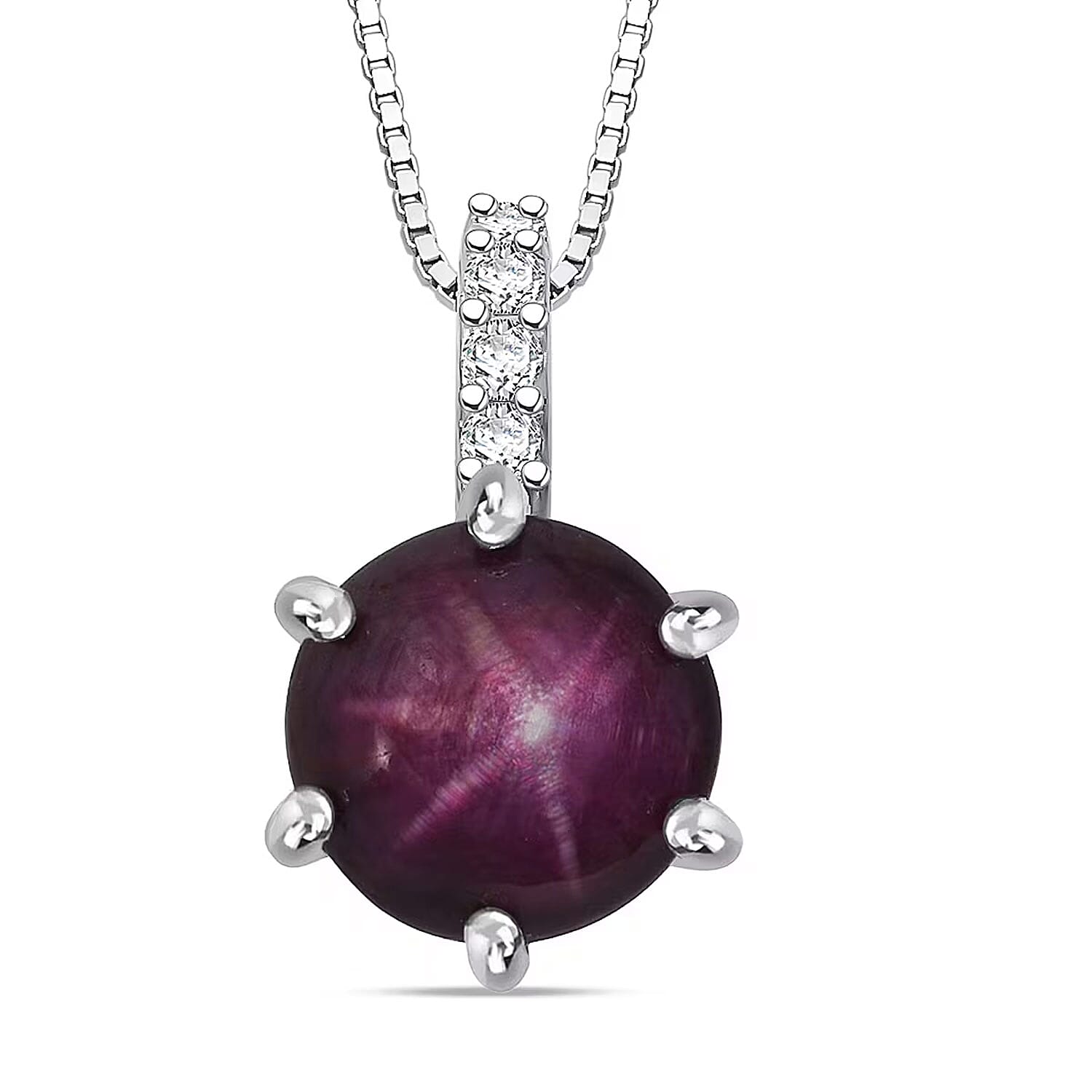 D'Joy Indian Star Ruby, White Zircon Pendant Necklace in Rhodium Over Sterling Silver 4.00 ctw (18 Inches)