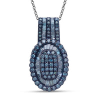 D'Joy Blue Diamond (IR) Cocktail Cluster Pendant Necklace (20 Inches) in Rhodium Over Sterling Silver 1.00 ctw