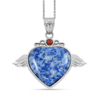 Aqua Quartz, Red Aventurine Angel Wing Heart Pendant in Silvertone with Stainless Steel Necklace (20 Inches) 38.00 ctw