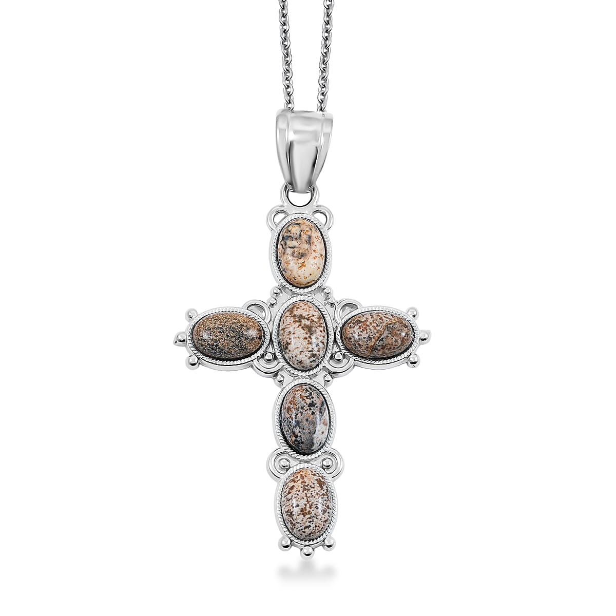 Picture Jasper Cross Pendant in Silvertone with Stainless Steel Necklace (20 Inches) 12.50 ctw