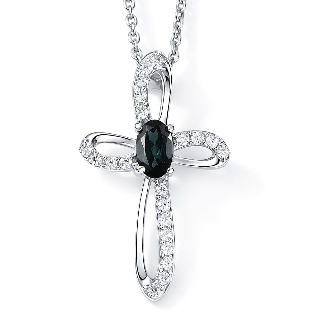 D'Joy Premium Monte Belo Indicolite and Moissanite 0.40 ctw Royal Azure Cross Pendant Necklace in Rhodium Over Sterling Silver 20 Inches
