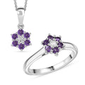 D'Joy African Amethyst, White Zircon Ring (Size 6.0) and Pendant Necklace (20 Inches) in Rhodium Over Sterling Silver 0.70 ctw - Sticky add to cart bar