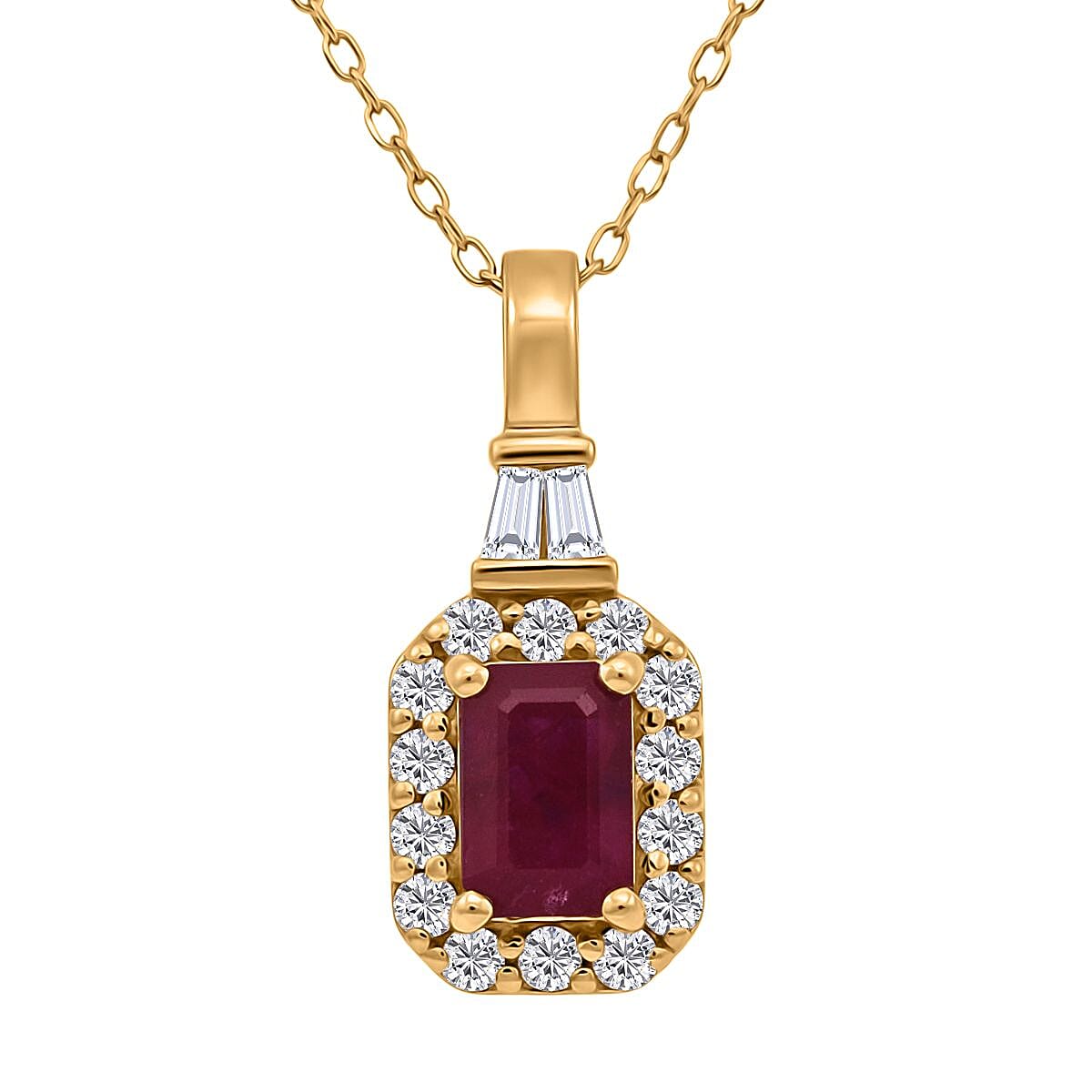 D'Joy Montepuez Ruby, Moissanite Pendant Necklace in 18K Vermeil YG Over Sterling Silver 1.00 ctw (20 Inches)