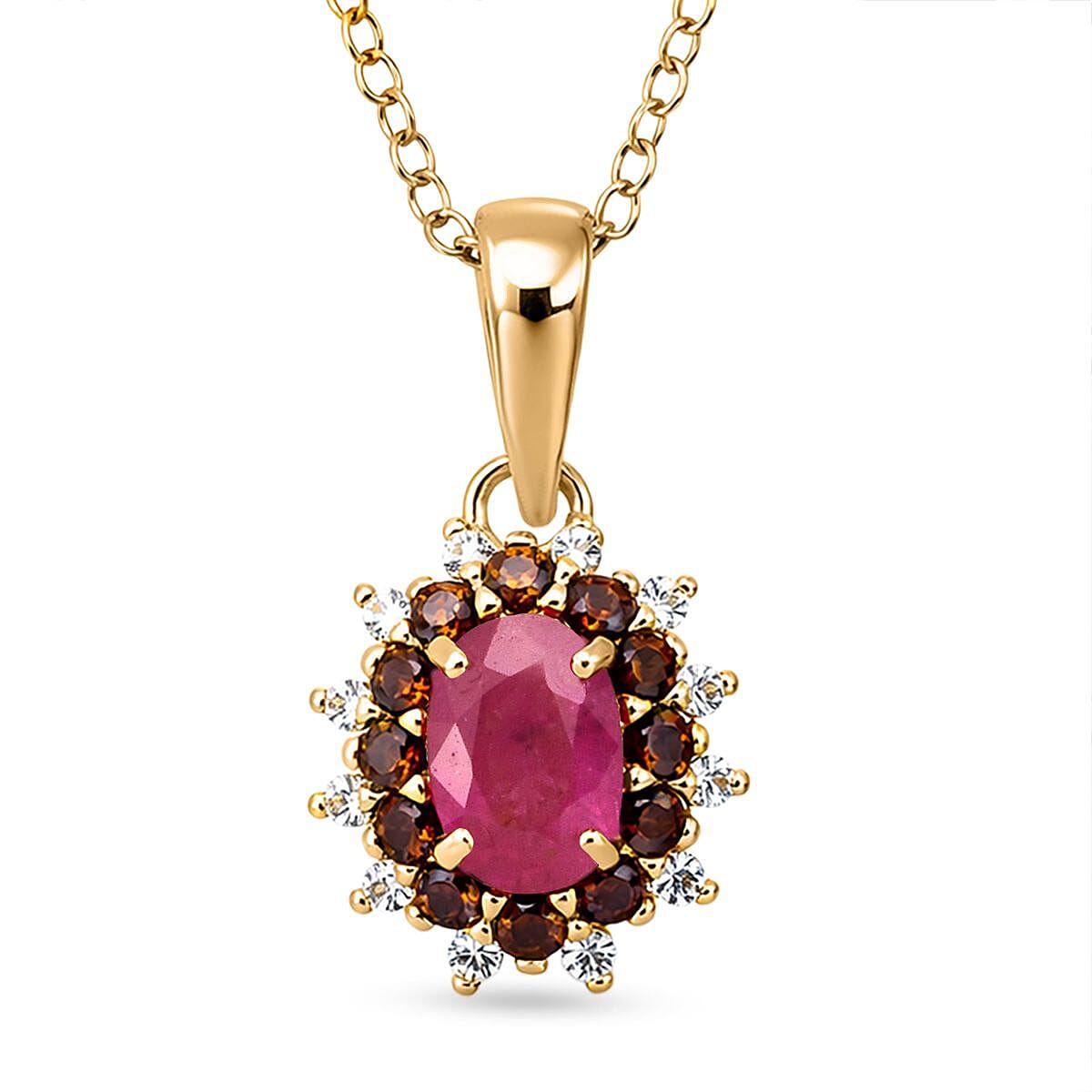 D'Joy Montepuez Ruby, White and Coffee Zircon Pendant Necklace in 18K Vermeil YG Over Sterling Silver 1.15 ctw (20 Inches)