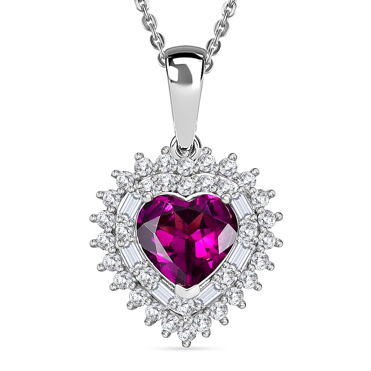 D'Joy AAA Radiant Ember Garnet and Moissanite 1.85 ctw Heart Royale Pendant Necklace in Rhodium Over Sterling Silver 20 Inches