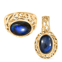 EverTrue Malagasy Labradorite 14.00 ctw Ring (Size 6.50) and Pendant without Chain in 18K YG Plated