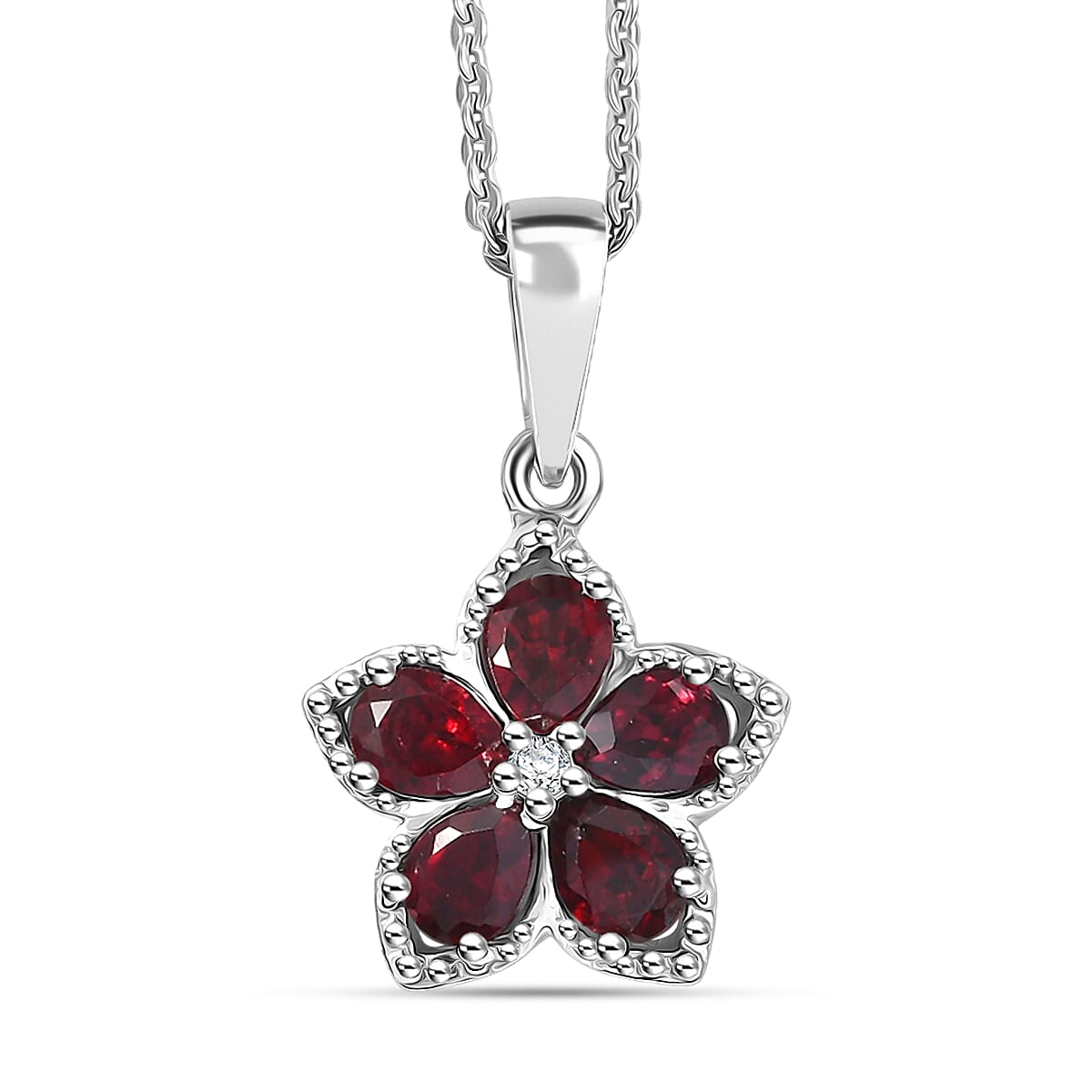 D'Joy Premium Anthill Garnet and Moissanite 1.00 ctw Flower Pendant Necklace 20 Inches in Rhodium Over Sterling Silver