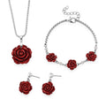 3 Piece Set - Red Resin Flower, Austrian Crystal Bracelet (7.5-9.0In), Earrings and Necklace (20-22 Inches) in Silvertone and Stainless Steel - Sticky add to cart bar