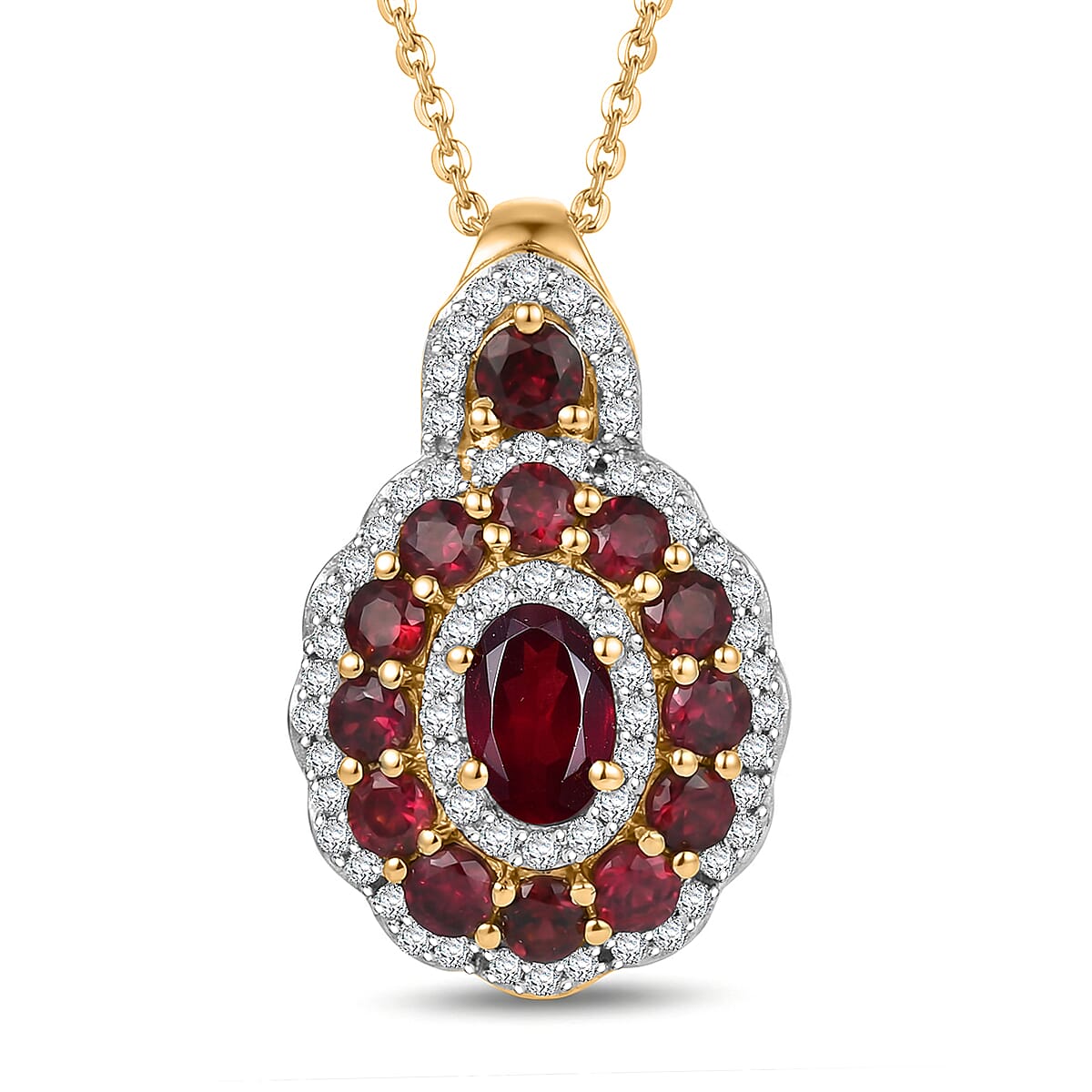 D'Joy Premium Anthill Garnet and Moissanite 2.10 ctw Crimson Bloom Pendant Necklace 20 Inches in 18K Vermeil Yellow Gold Over Sterling Silver