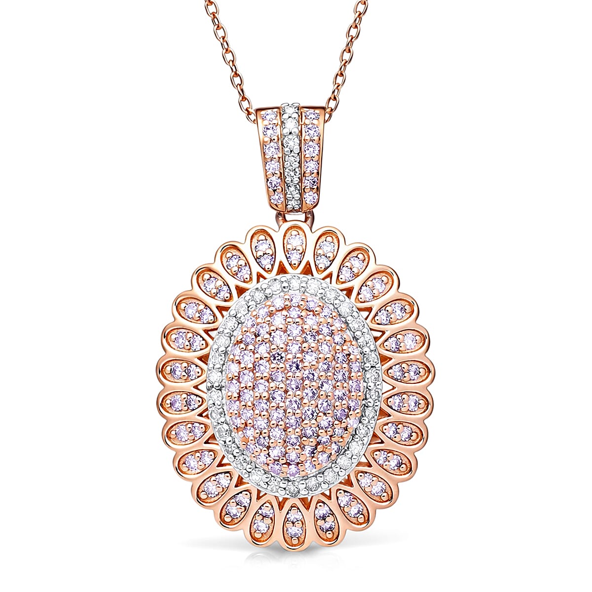 D'Joy Natural Pink and White Diamond I3 1.00 ctw Petal Crown Pendant Necklace in 18K Vermeil Rose Gold Over Sterling Silver 20 Inches