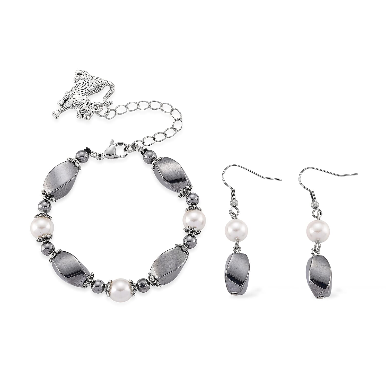 Terahertz, White Shell Pearl Beaded Bracelet with Charm (6.5-8.5In) and Earrings in Silvertone and Stainless Steel 40.00 ctw