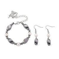 Terahertz, White Shell Pearl Beaded Bracelet with Charm (6.5-8.5In) and Earrings in Silvertone and Stainless Steel 40.00 ctw
