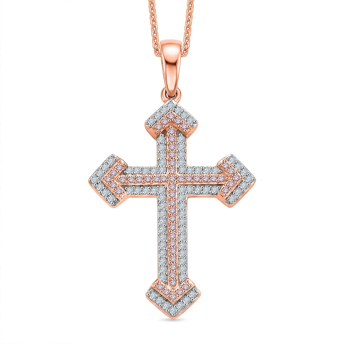 D'Joy Natural Pink and White Diamond (I3) 0.40 ctw Eternal Faith Cross Pendant Necklace in 18K Vermeil Rose Gold Over Sterling Silver 20 Inches