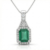 D'Joy Premium Kagem Zambian Emerald and Moissanite 2.00 ctw Crowned Heirloom Pendant Necklace in Rhodium Over Sterling Silver 20 Inches