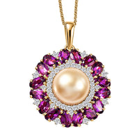 D'Joy South Sea Golden Cultured Pearl and Multi Gemstone 5.35 ctw Royal Bloom Pendant Necklace in 18K Vermeil Yellow Gold Over Sterling Silver 20 Inches