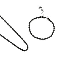 2 Piece Set - Rope Chain Bracelet (8-10In) and Necklace (23-25 Inches) in ION Plated Black Stainless Steel