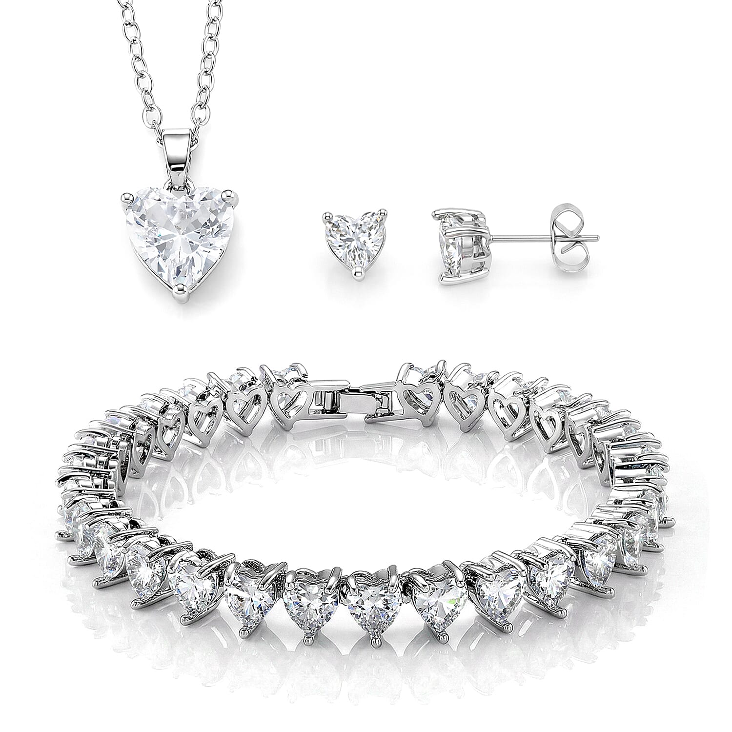 3 Piece Set - Pink Austrian Crystal Heart Bracelet (7.50In), Earrings and Necklace (20-22 Inches) in Rosetone