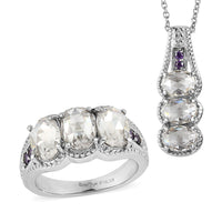 EverTrue Simulated White and Amethyst Color Diamond Ring (Size 8.0) and Pendant Necklace (20 Inches) in Stainless Steel