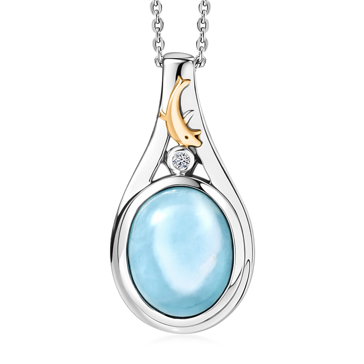 AAA Larimar and Luxuriant Lab Grown Diamond G-H SI 3.25 ctw Ocean Joy Pendant Necklace in 18K Vermeil YG and Rhodium Over Sterling Silver 20 Inches