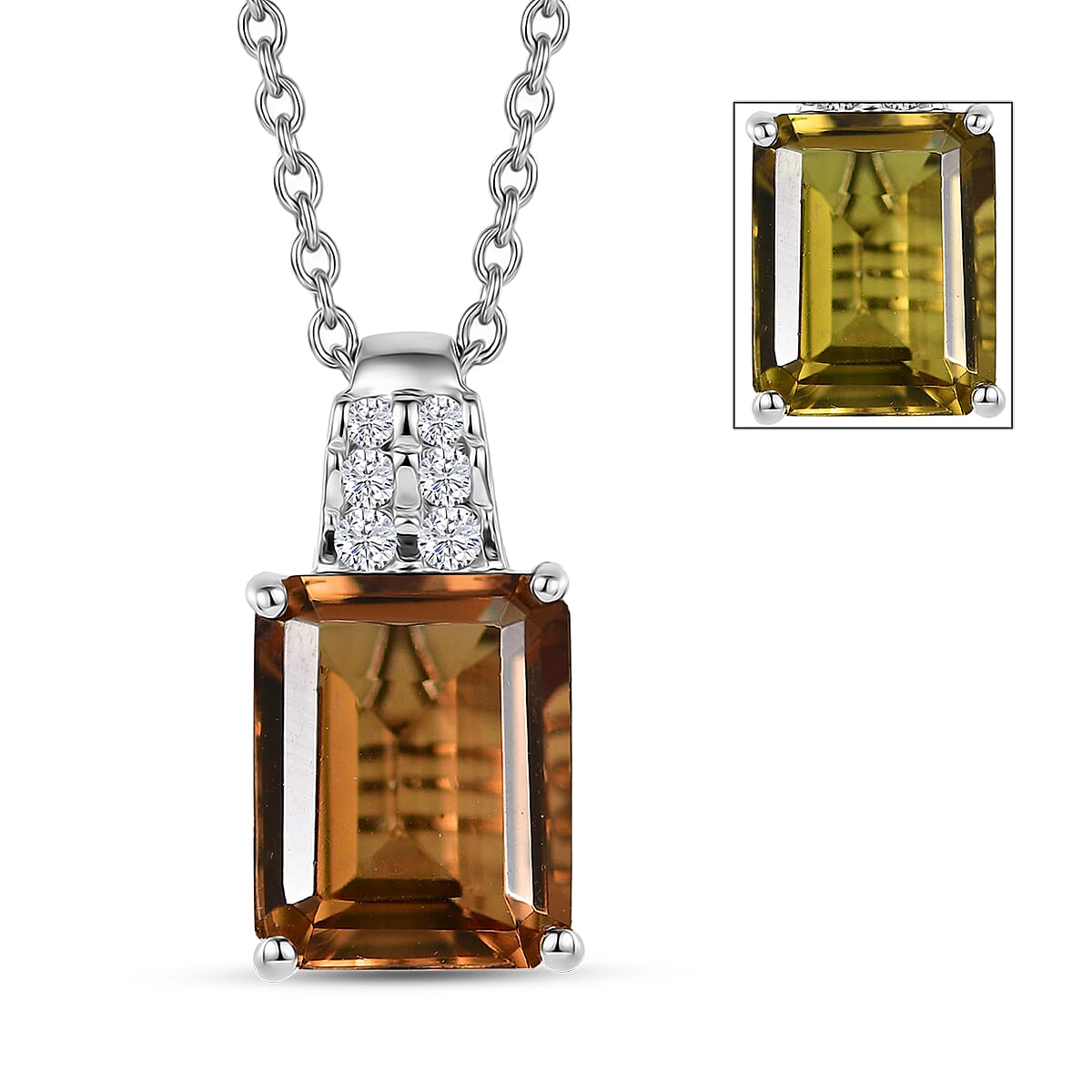 EverTrue Autumn Alexite and White Zircon 3.40 ctw Sunset Pillar Pendant in Platinum Bond with Stainless Steel Necklace 20 Inches