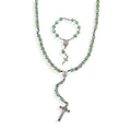 Green Glass Beaded Necklace (28 Inches) and Bracelet (7.5-9.5In) in Silvertone - Sticky add to cart bar