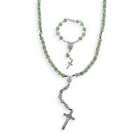 Green Glass Beaded Necklace (28 Inches) and Bracelet (7.5-9.5In) in Silvertone