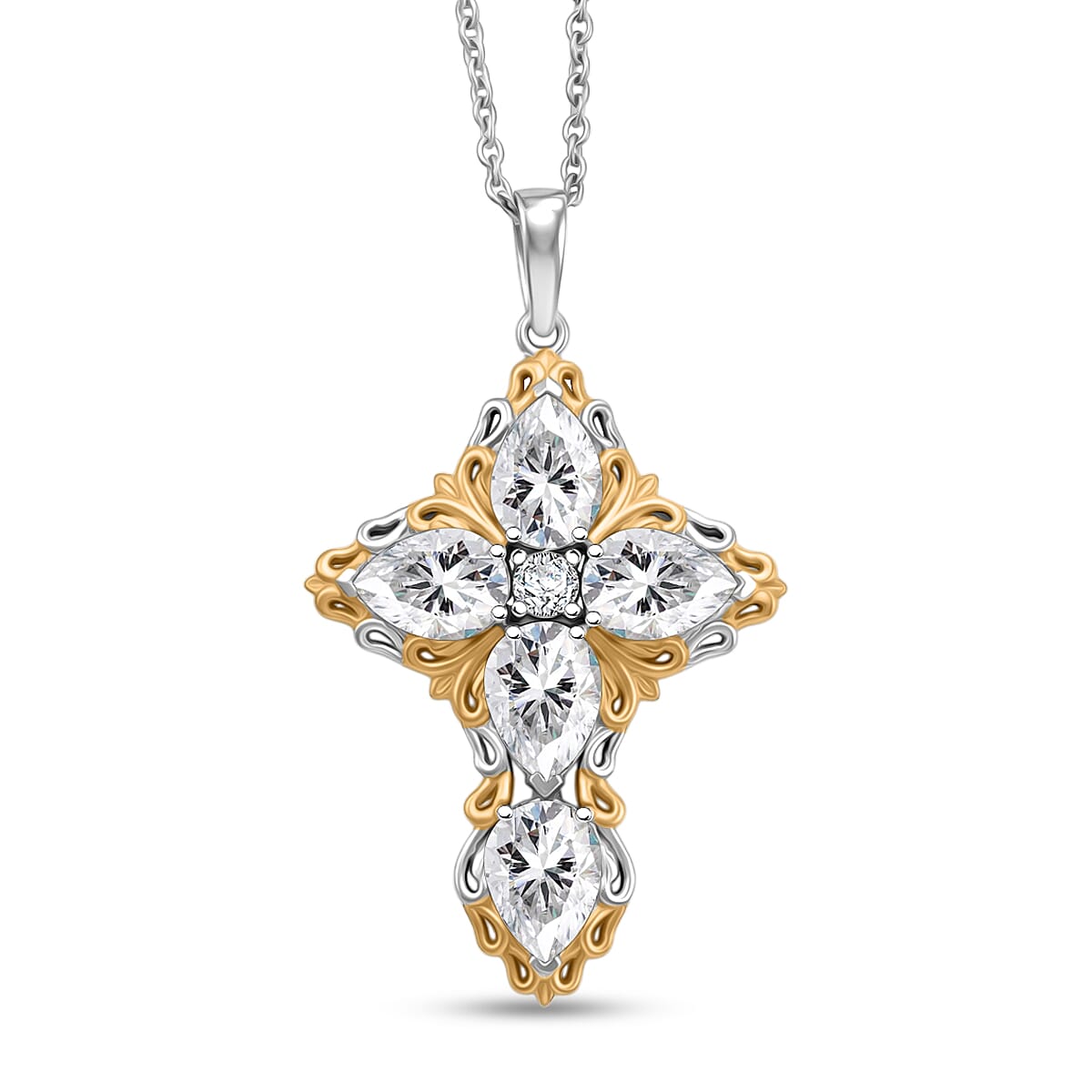 EverTrue Simulated Diamond 8.00 ctw Pendant 18K YG Plated and Platinum Bond with Stainless Steel Necklace 20 Inches