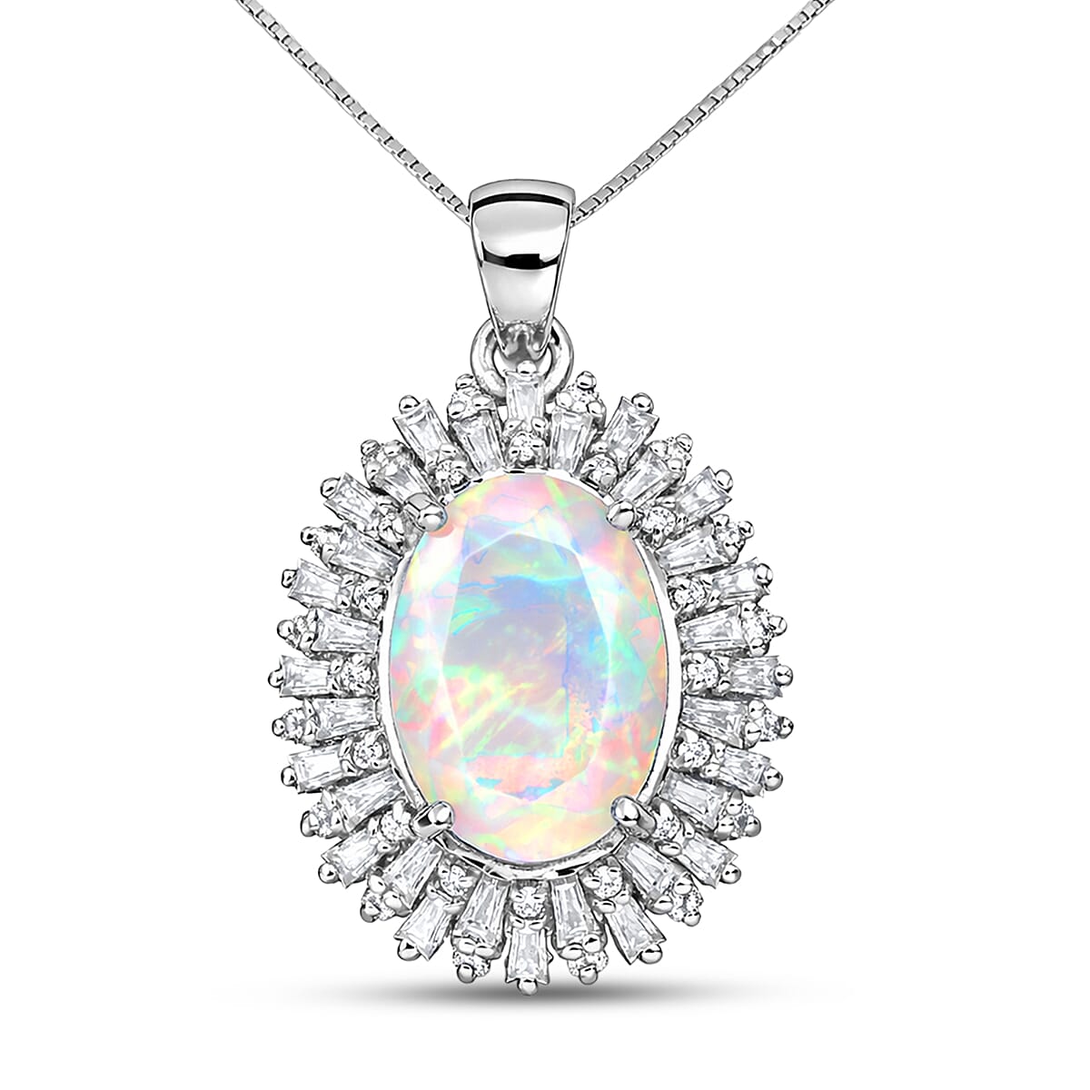 D'Joy Premium Ethiopian Welo Opal and Moissanite 4.90 ctw Moonlit Radiance Pendant Necklace in Rhodium Over Sterling Silver 20 Inches