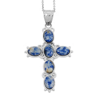 Sodalite Cross Pendant in Silvertone with Stainless Steel Necklace (20 Inches) 9.00 ctw